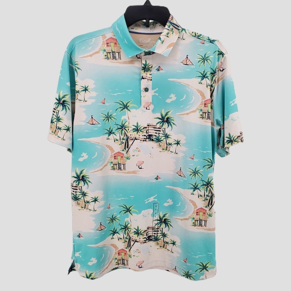 Walter Hagen‎ Performance 11 Novelty Golf Polo Resort Landscape Blue White Small